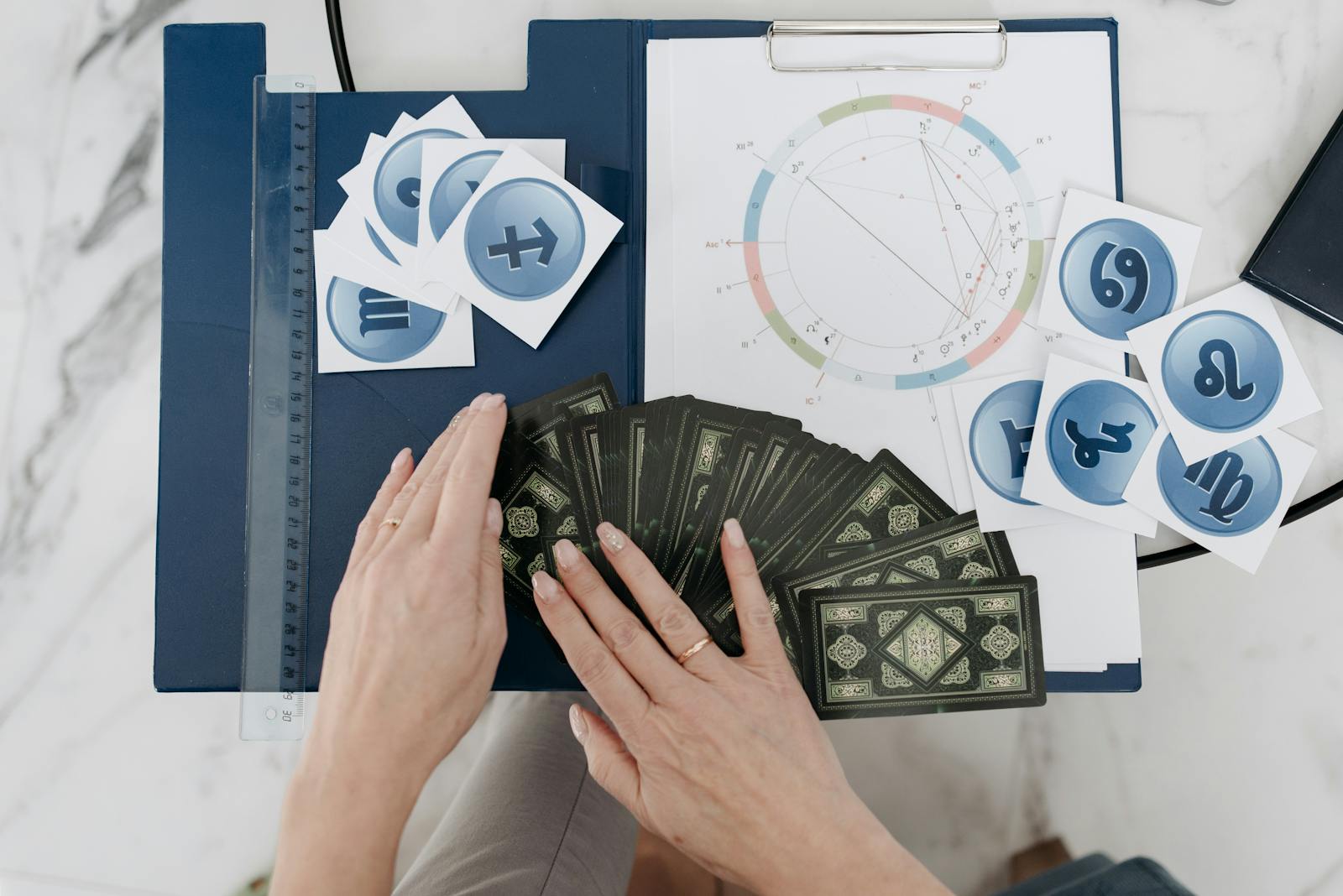 Tarot spread with astrology chart on a table